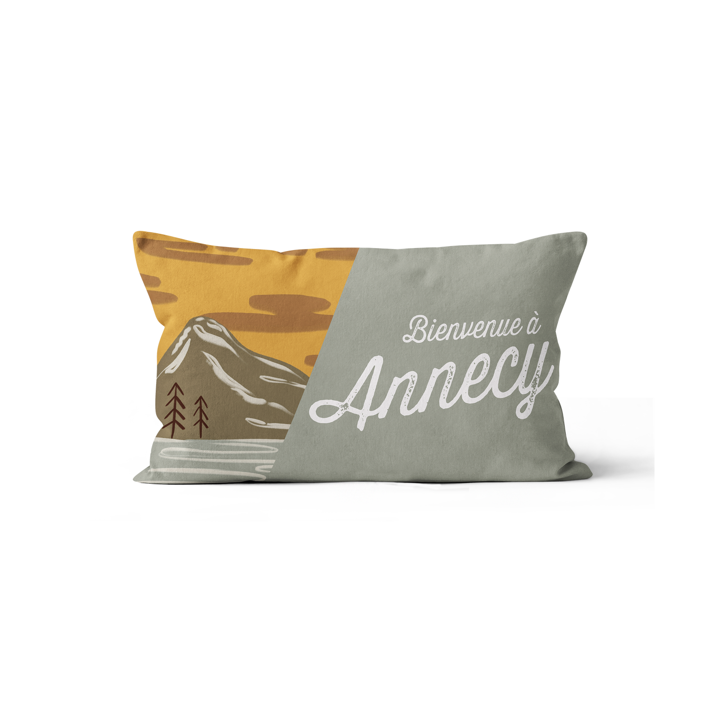 Coussin Bienvenue à…, illustration avec le texte 'Bienvenue à...'